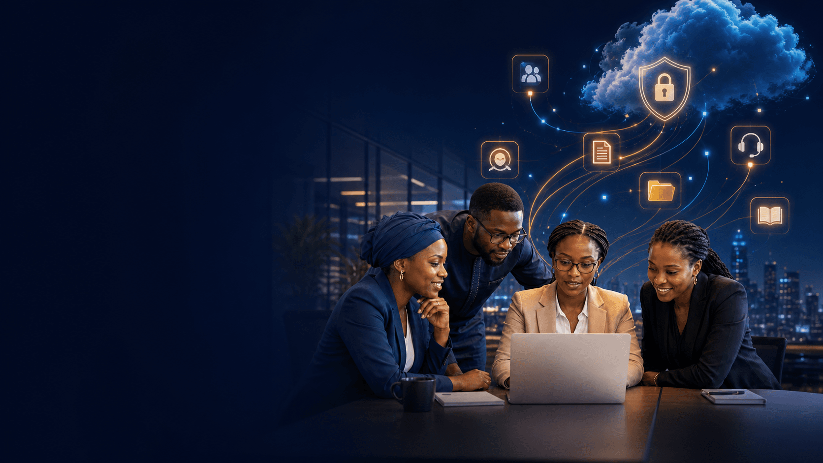 Collaborateurs de FAWE Sénégal réunis autour de leur espace de travail numérique